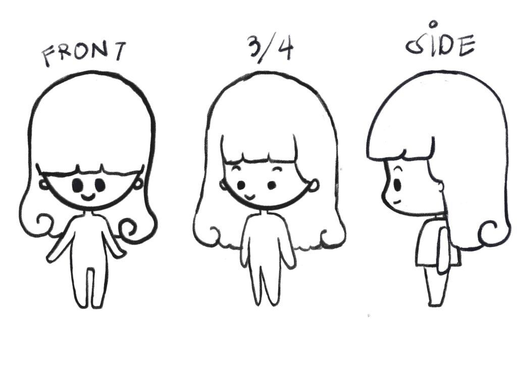 Practice how to draw chibi body proportion: front view, 3/4 view, and side view